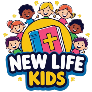 Cartoon style graphic with a Bible in the center surrounded with the happy faces of kids from different backgrounds and the words New Life Kids underneath.