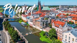aerial of Polish town next to river